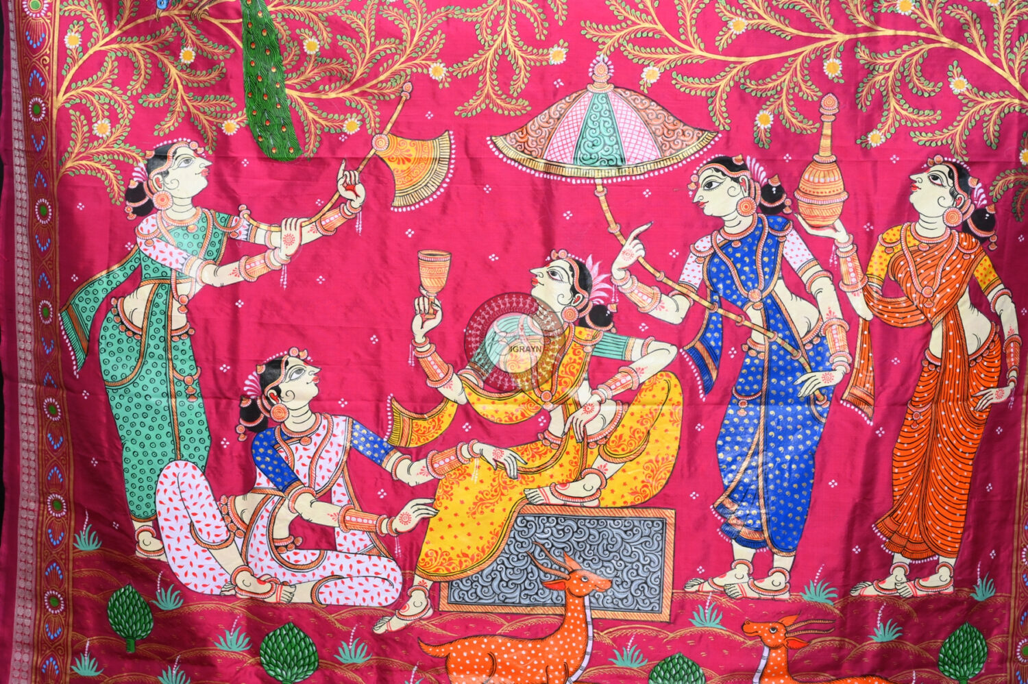 Neon Green Magenta Traditional Art Sambalpuri Silk Pattachitra Saree