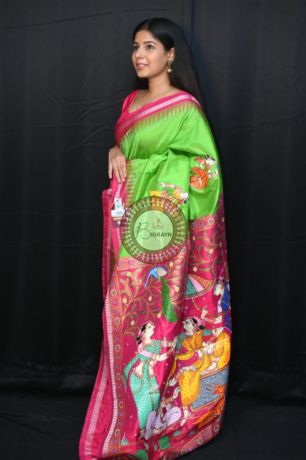 Neon Green Magenta Traditional Art Sambalpuri Silk Pattachitra Saree