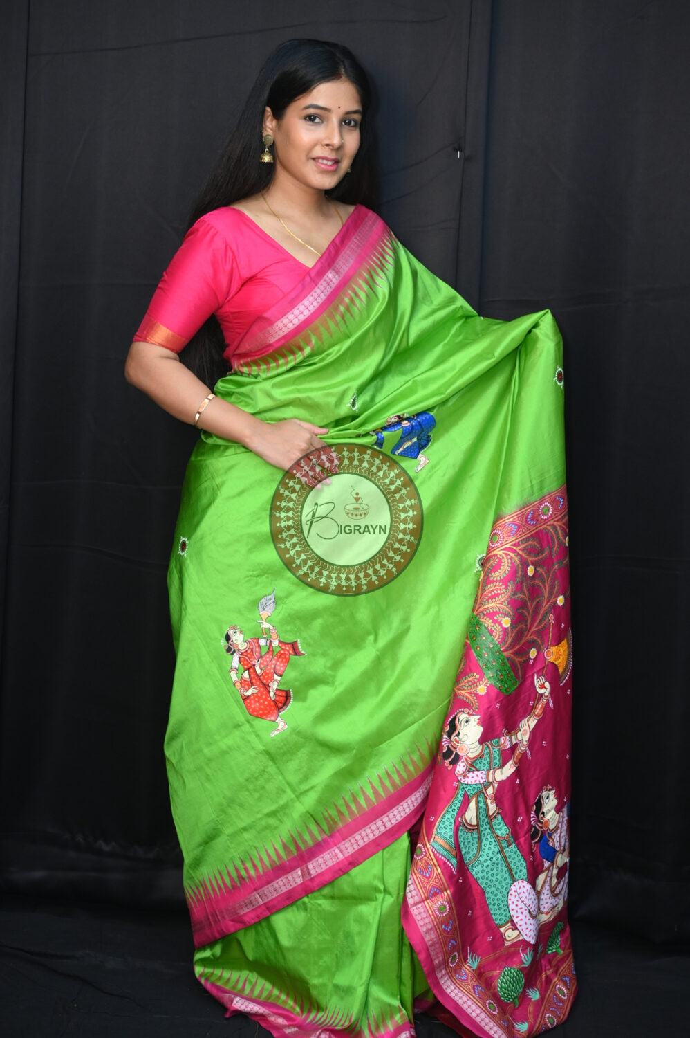 Neon Green Magenta Traditional Art Sambalpuri Silk Pattachitra Saree