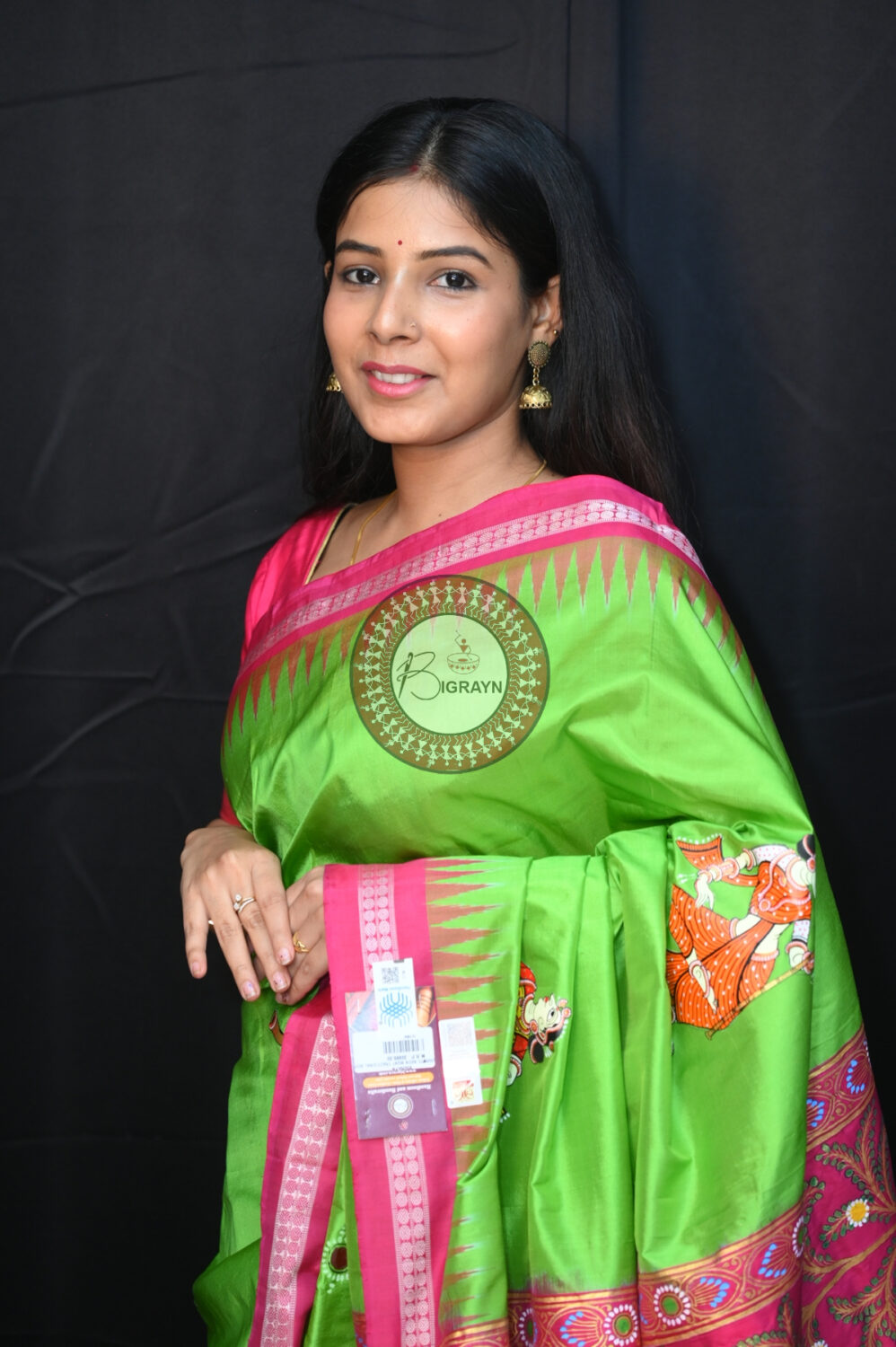 Neon Green Magenta Traditional Art Sambalpuri Silk Pattachitra Saree