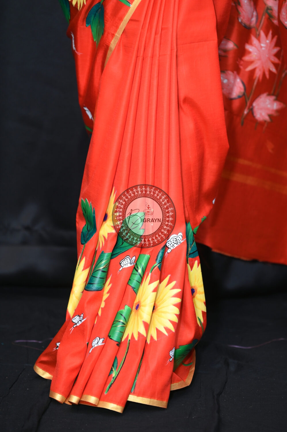 Red Sunflower Art Pattachitra Khadi Silk Saree