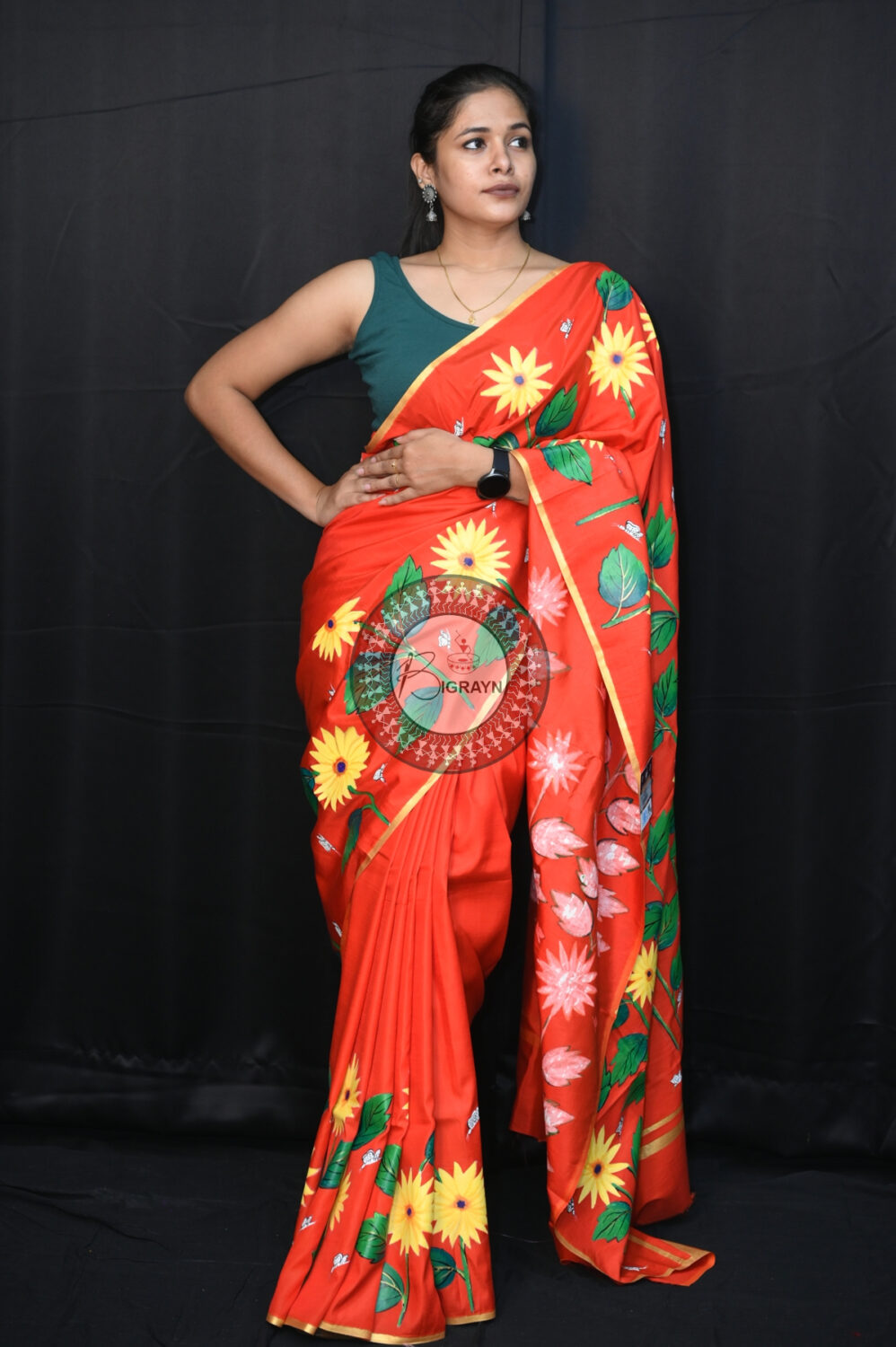 Red Sunflower Art Pattachitra Khadi Silk Saree