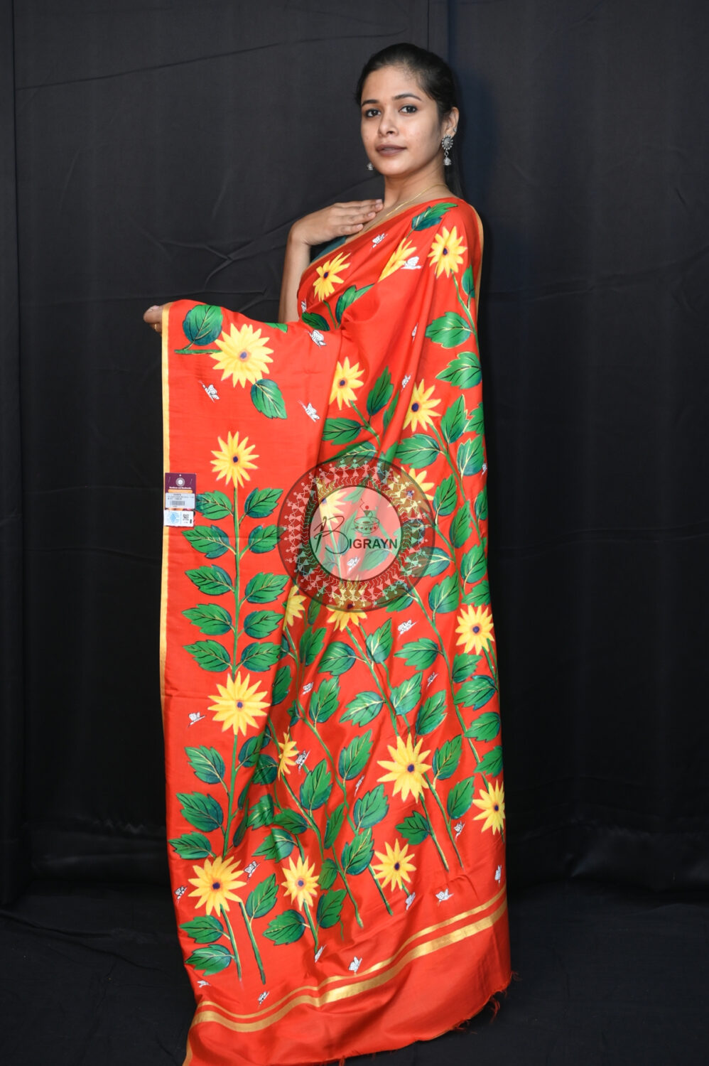 Red Sunflower Art Pattachitra Khadi Silk Saree