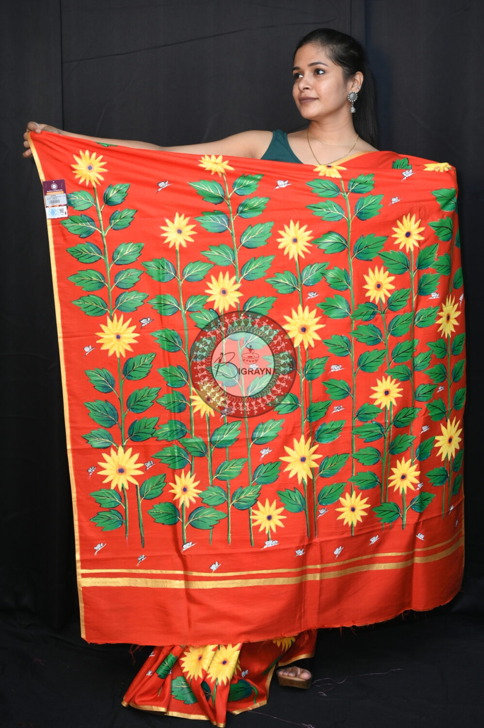 Red Sunflower Art Pattachitra Khadi Silk Saree