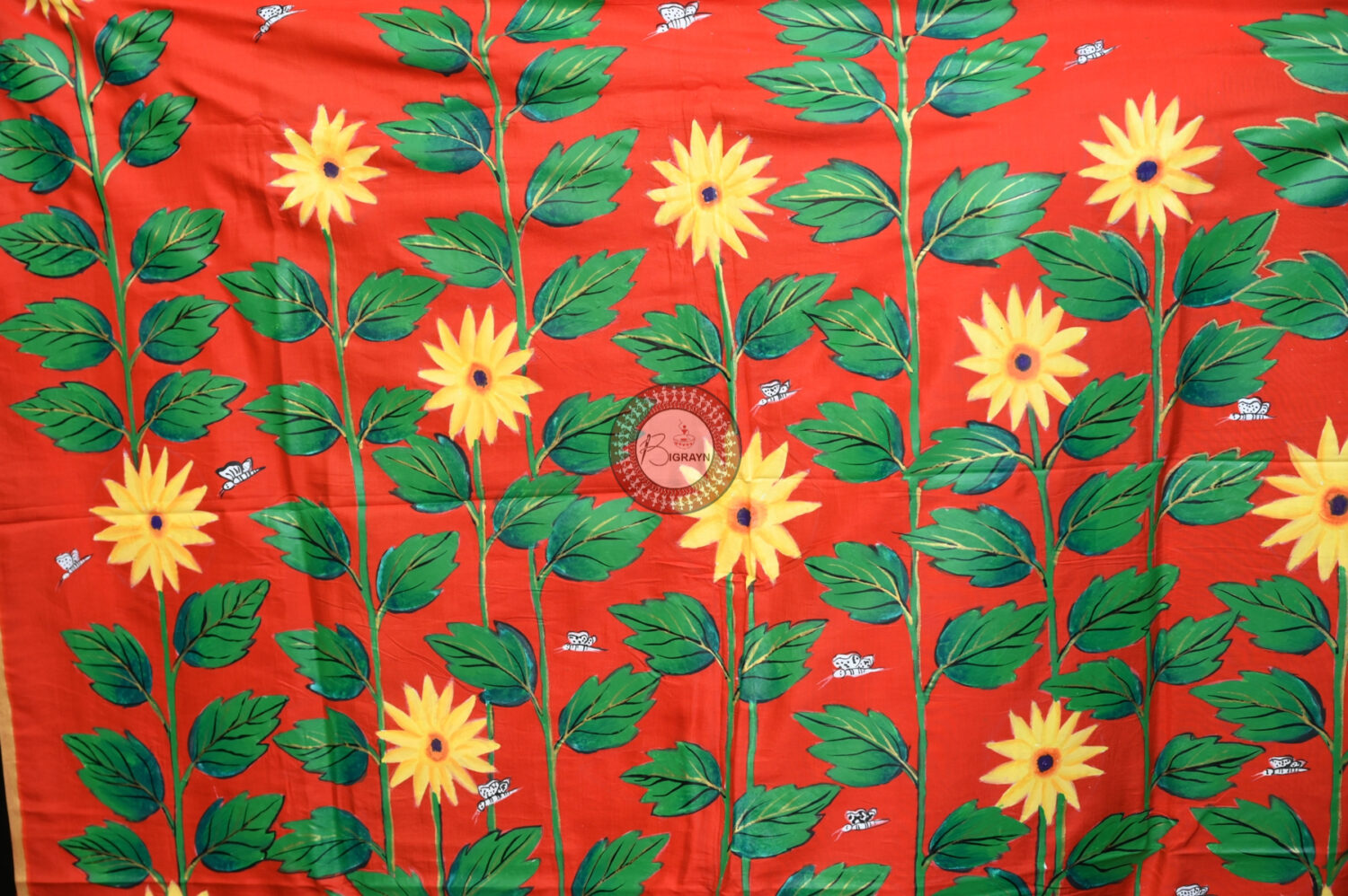 Red Sunflower Art Pattachitra Khadi Silk Saree
