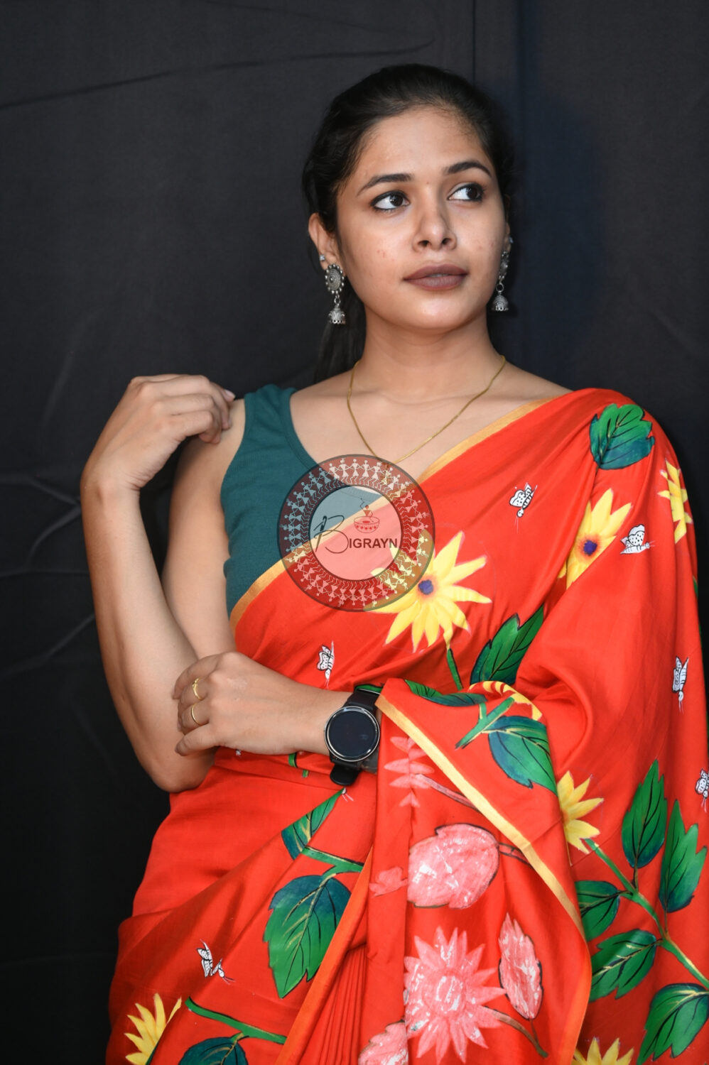 Red Sunflower Art Pattachitra Khadi Silk Saree