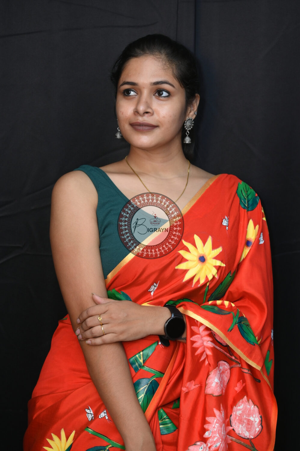 Red Sunflower Art Pattachitra Khadi Silk Saree