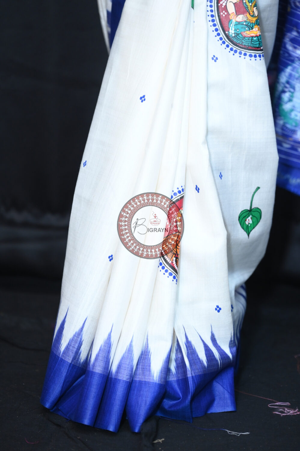 White Blue Raja Theme Pattachitra Tussar Silk Saree