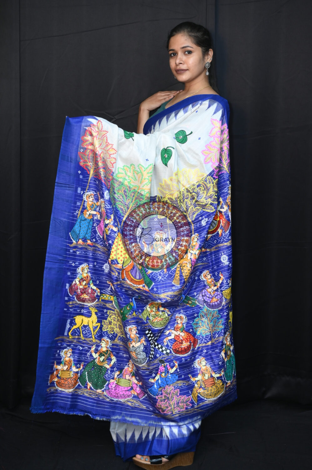 White Blue Raja Theme Pattachitra Tussar Silk Saree