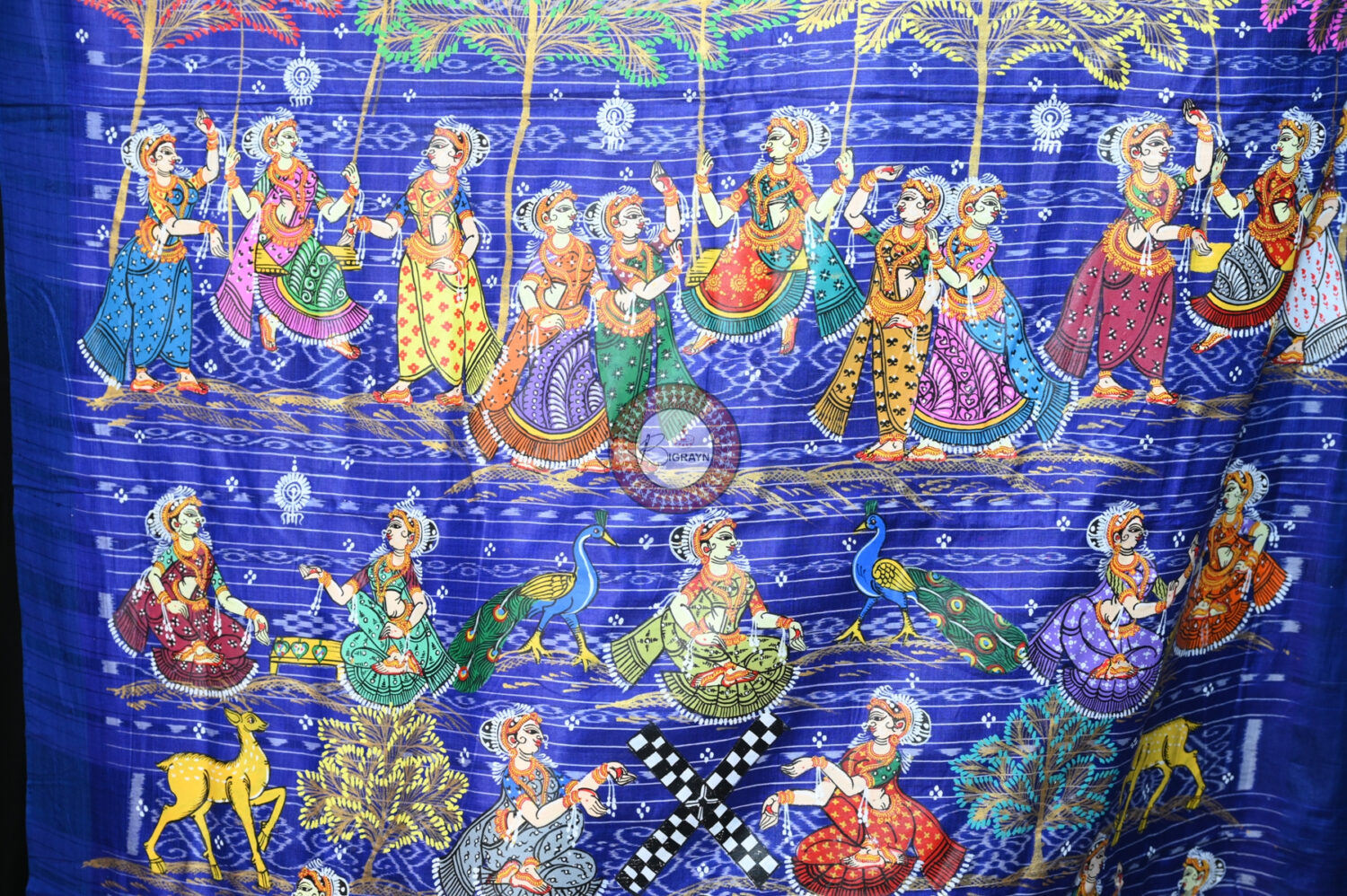 White Blue Raja Theme Pattachitra Tussar Silk Saree