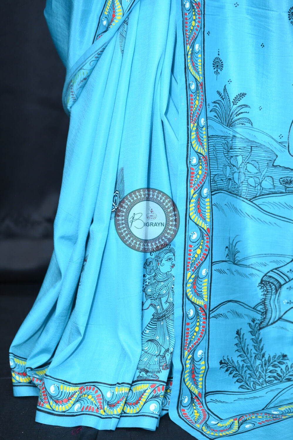 Blue Krishna Jasoda Tied By Rope Khadi Silk Pattachitra Saree