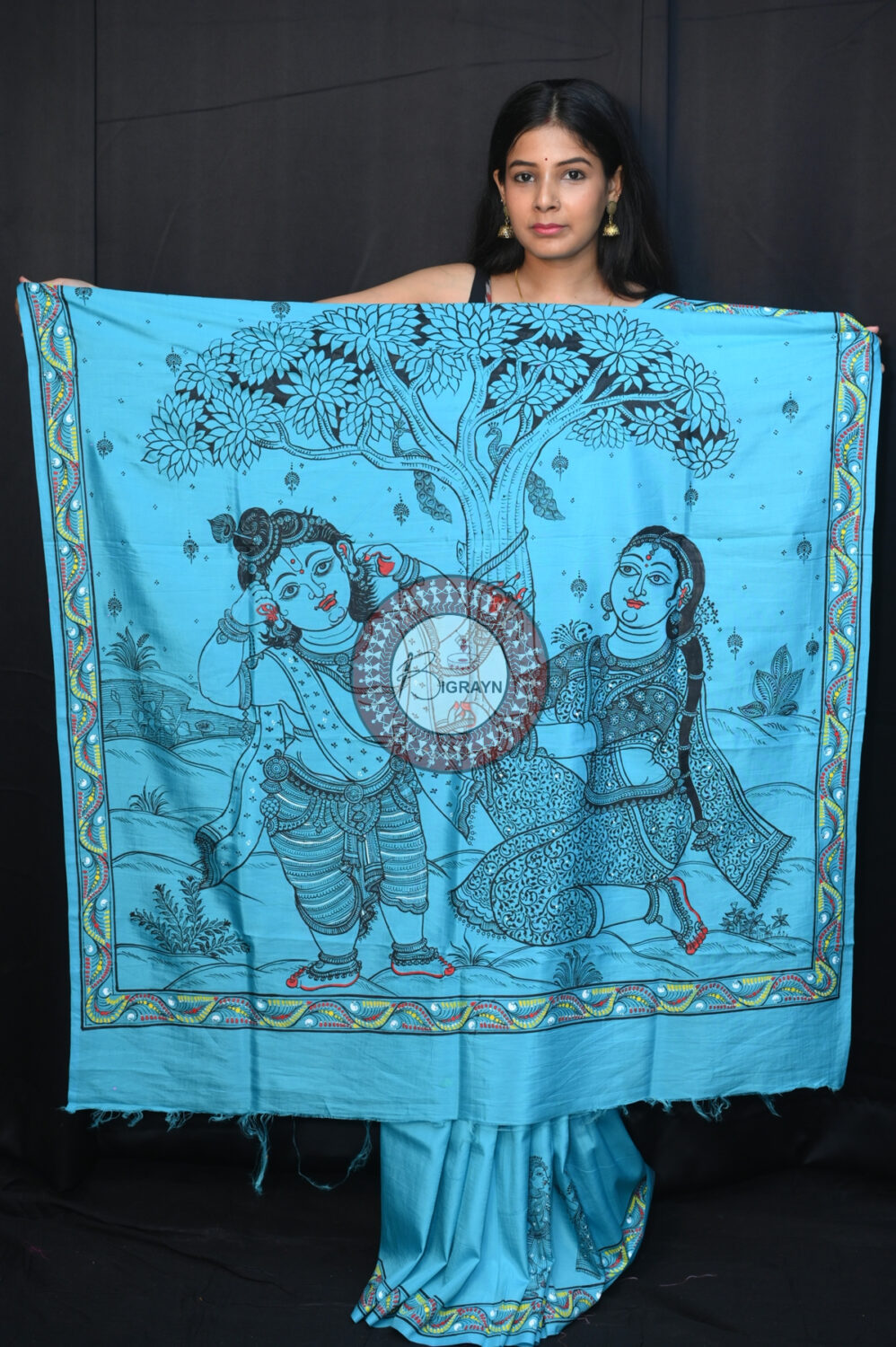Blue Krishna Jasoda Tied By Rope Khadi Silk Pattachitra Saree
