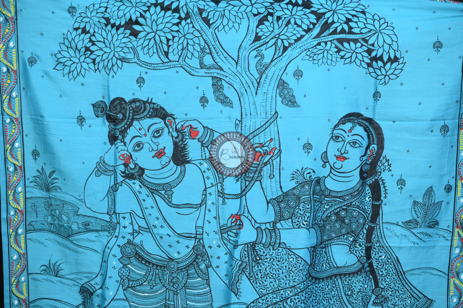 Blue Krishna Jasoda Tied By Rope Khadi Silk Pattachitra Saree