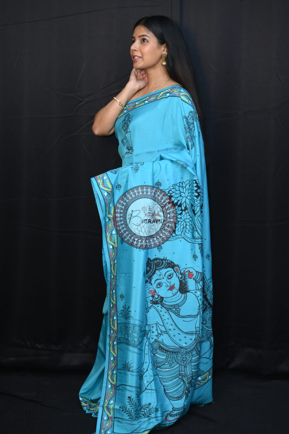 Blue Krishna Jasoda Tied By Rope Khadi Silk Pattachitra Saree