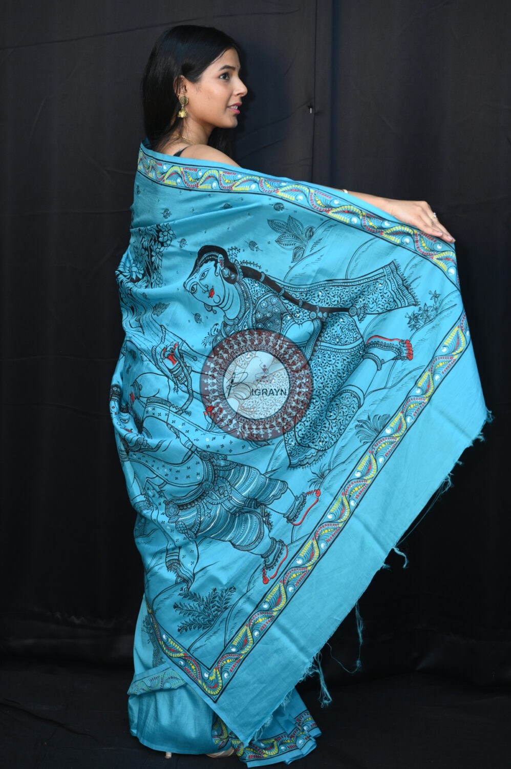 Blue Krishna Jasoda Tied By Rope Khadi Silk Pattachitra Saree