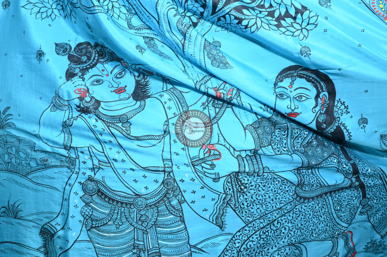Blue Krishna Jasoda Tied By Rope Khadi Silk Pattachitra Saree