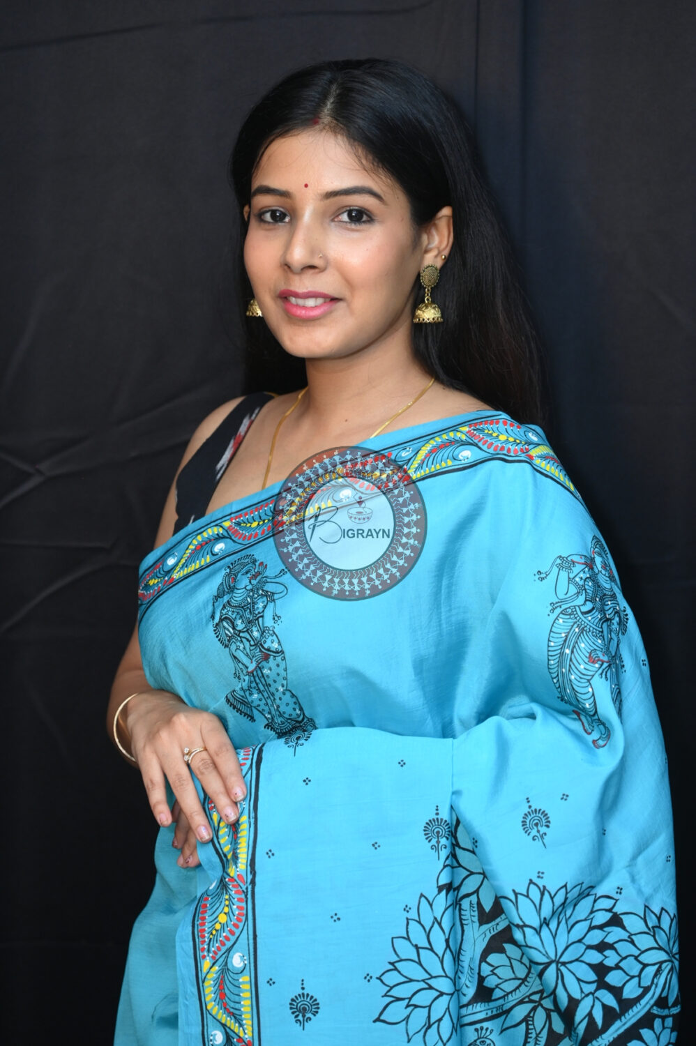 Blue Krishna Jasoda Tied By Rope Khadi Silk Pattachitra Saree