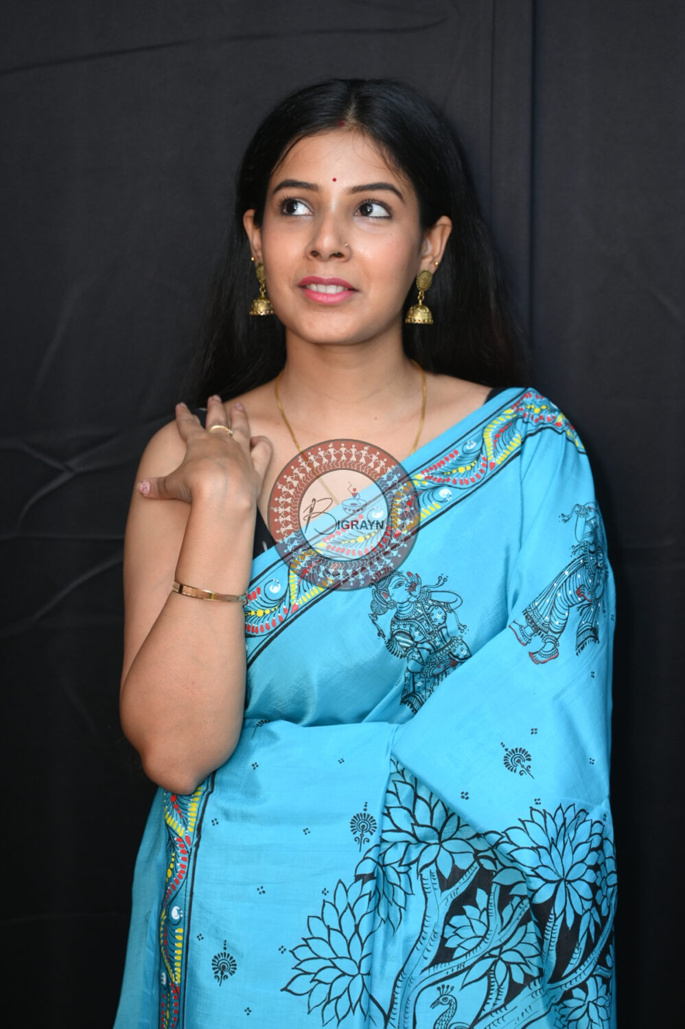 Blue Krishna Jasoda Tied By Rope Khadi Silk Pattachitra Saree