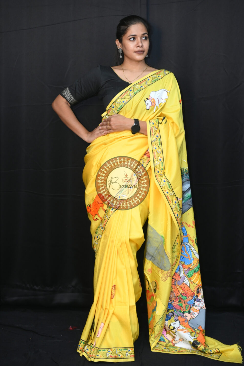 Yellow Khadi Silk Girigobardhan Pattachitra Saree