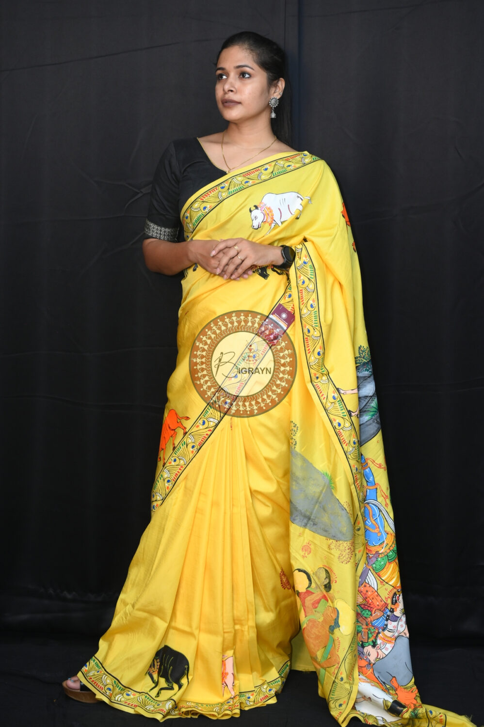 Yellow Khadi Silk Girigobardhan Pattachitra Saree
