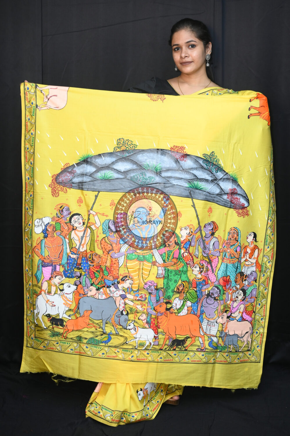 Yellow Khadi Silk Girigobardhan Pattachitra Saree