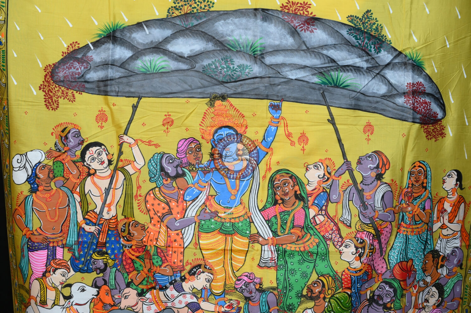 Yellow Khadi Silk Girigobardhan Pattachitra Saree