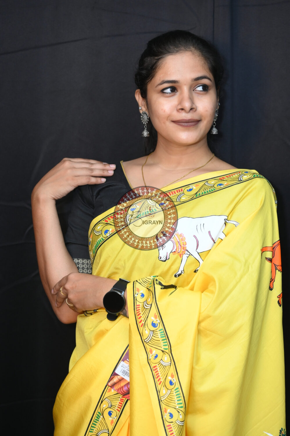Yellow Khadi Silk Girigobardhan Pattachitra Saree