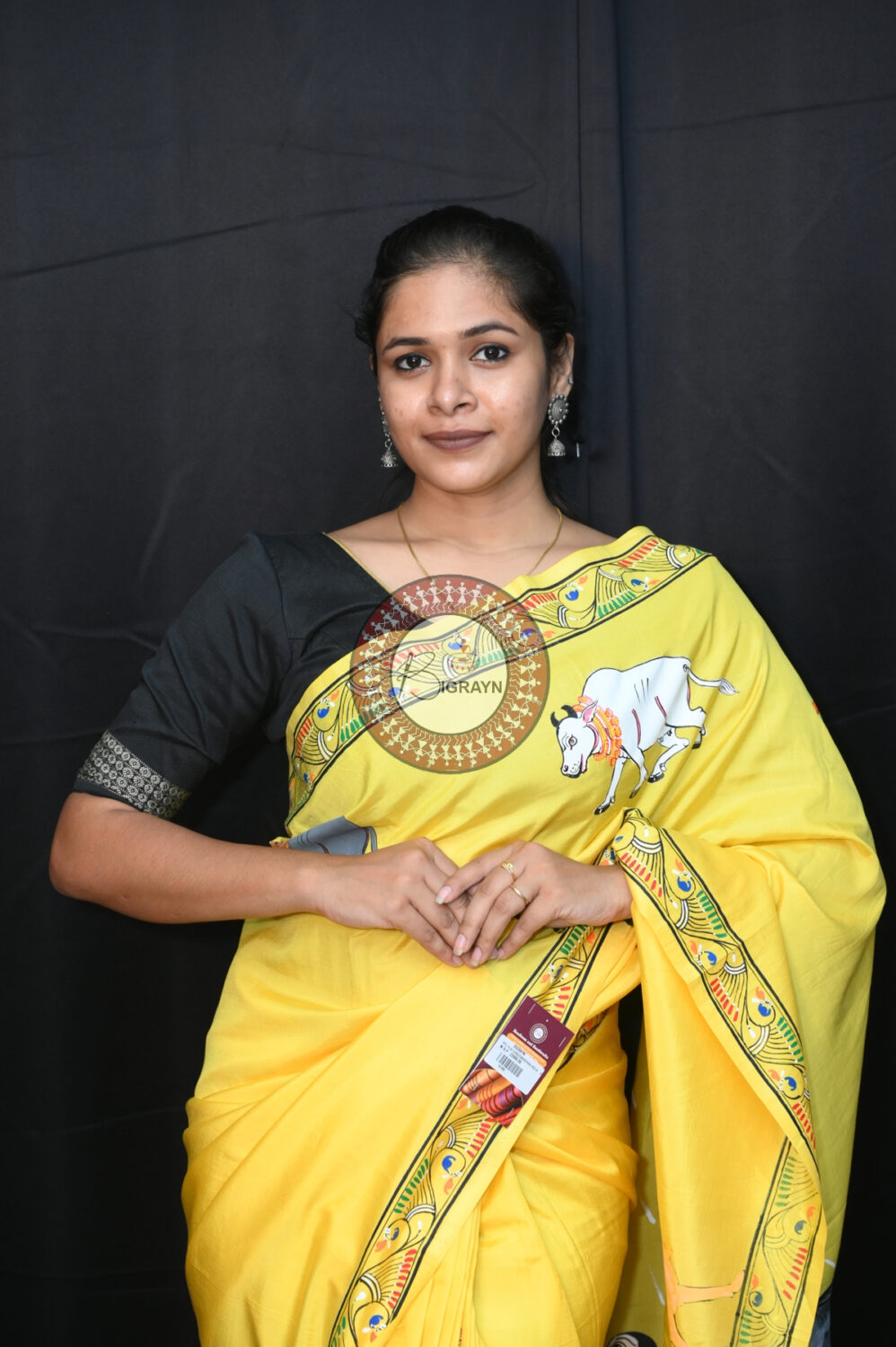 Yellow Khadi Silk Girigobardhan Pattachitra Saree