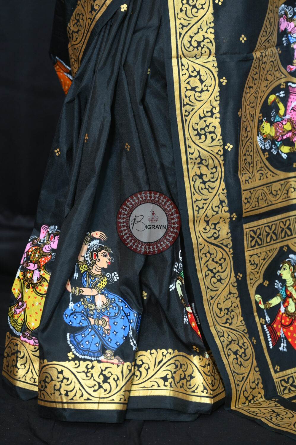 Black Radha Krishna Raasa Semi Circle Pattachitra Saree