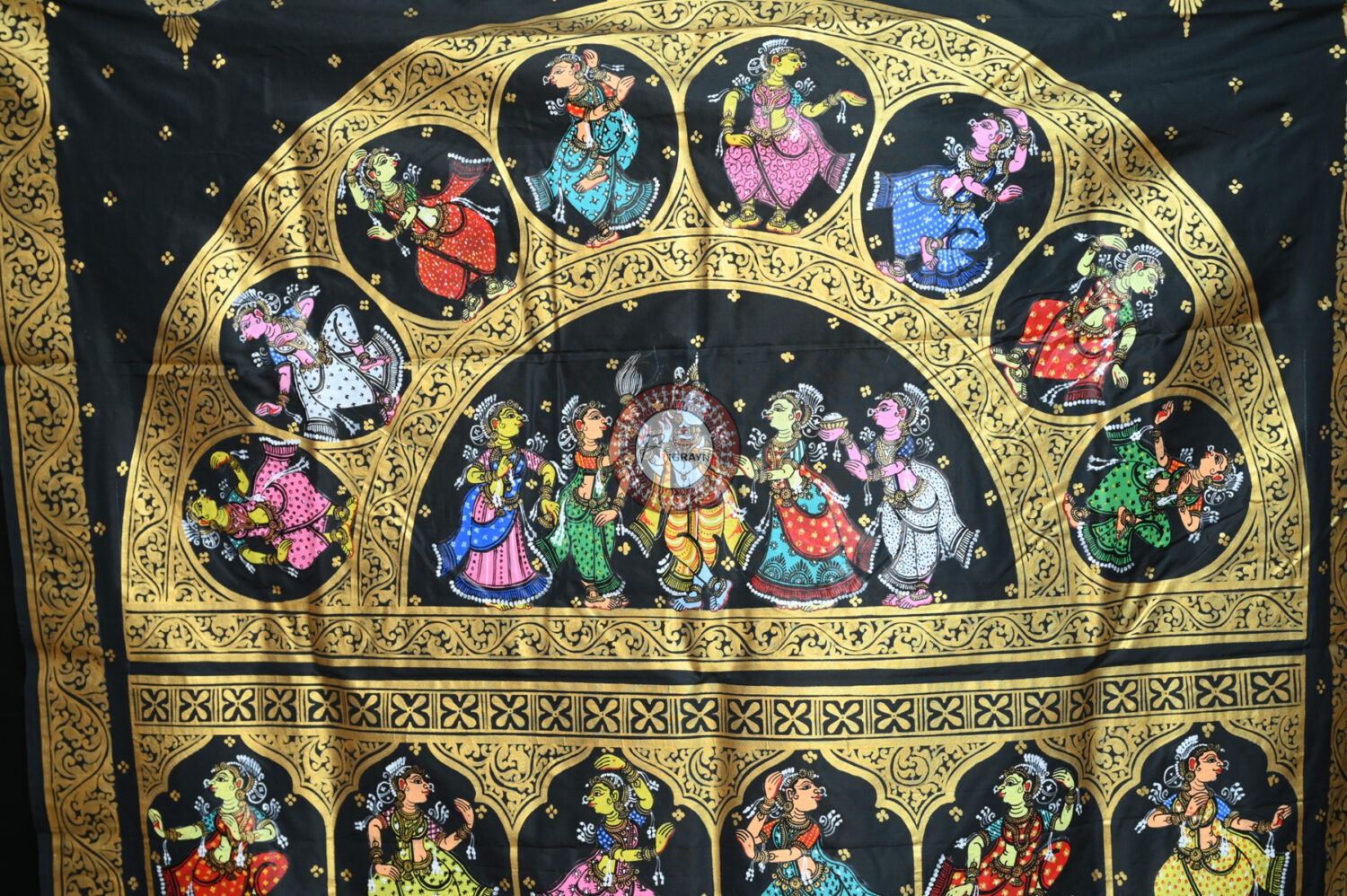 Black Radha Krishna Raasa Semi Circle Pattachitra Saree