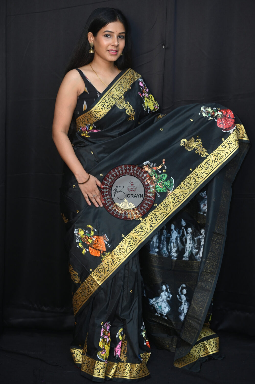 Black Radha Krishna Raasa Semi Circle Pattachitra Saree