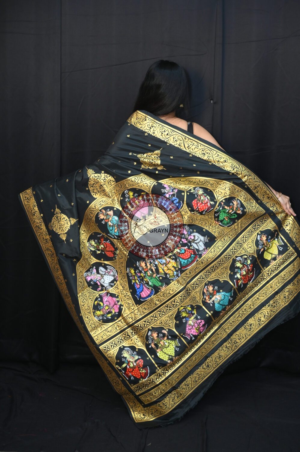 Black Radha Krishna Raasa Semi Circle Pattachitra Saree