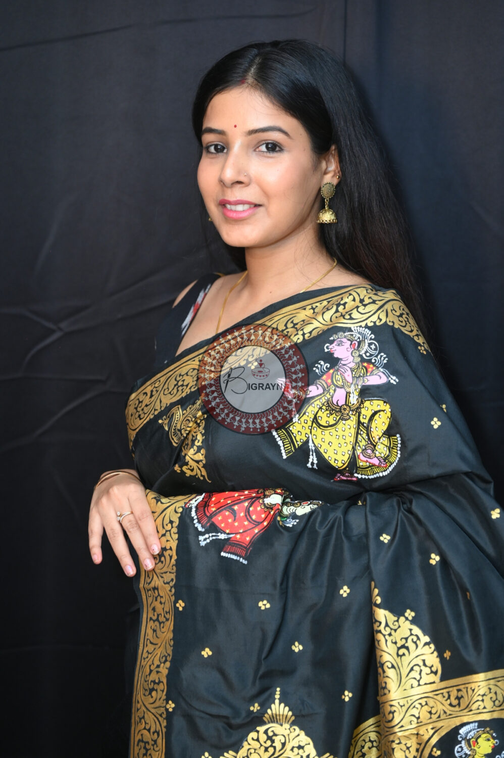 Black Radha Krishna Raasa Semi Circle Pattachitra Saree