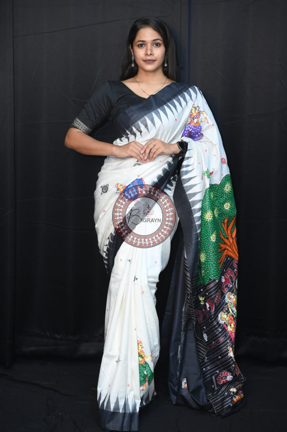 White Black Bata Sabitri Pattachitra Tussar Silk Saree