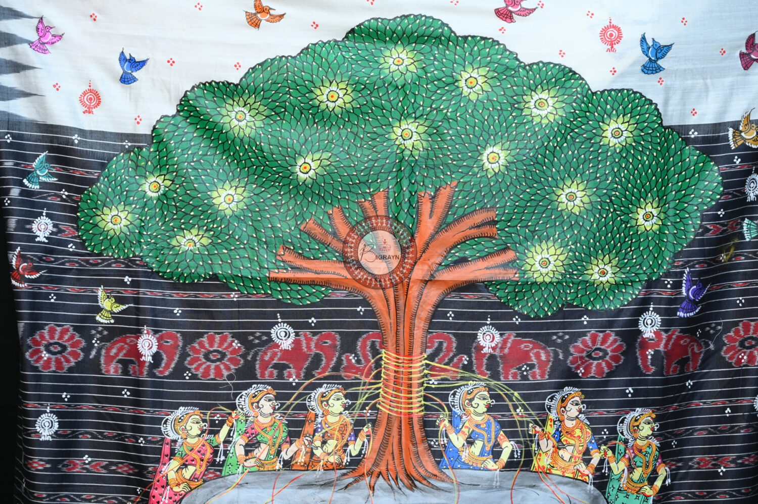 White Black Bata Sabitri Pattachitra Tussar Silk Saree