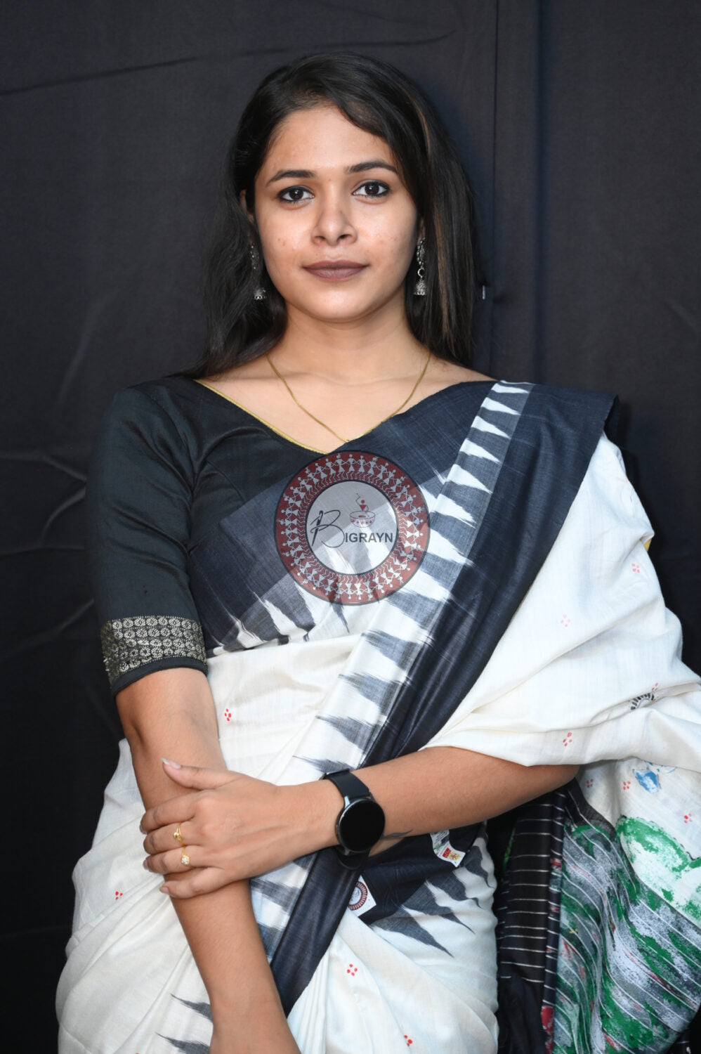 White Black Bata Sabitri Pattachitra Tussar Silk Saree
