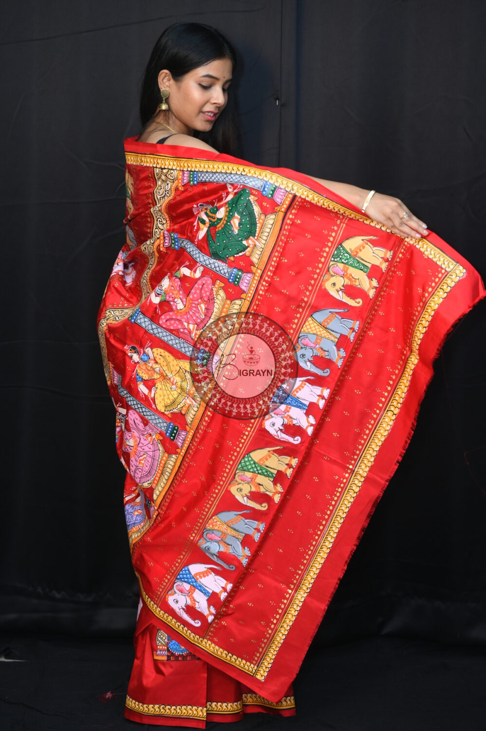Red Nartaki Anchal Pattachitra Silk Saree