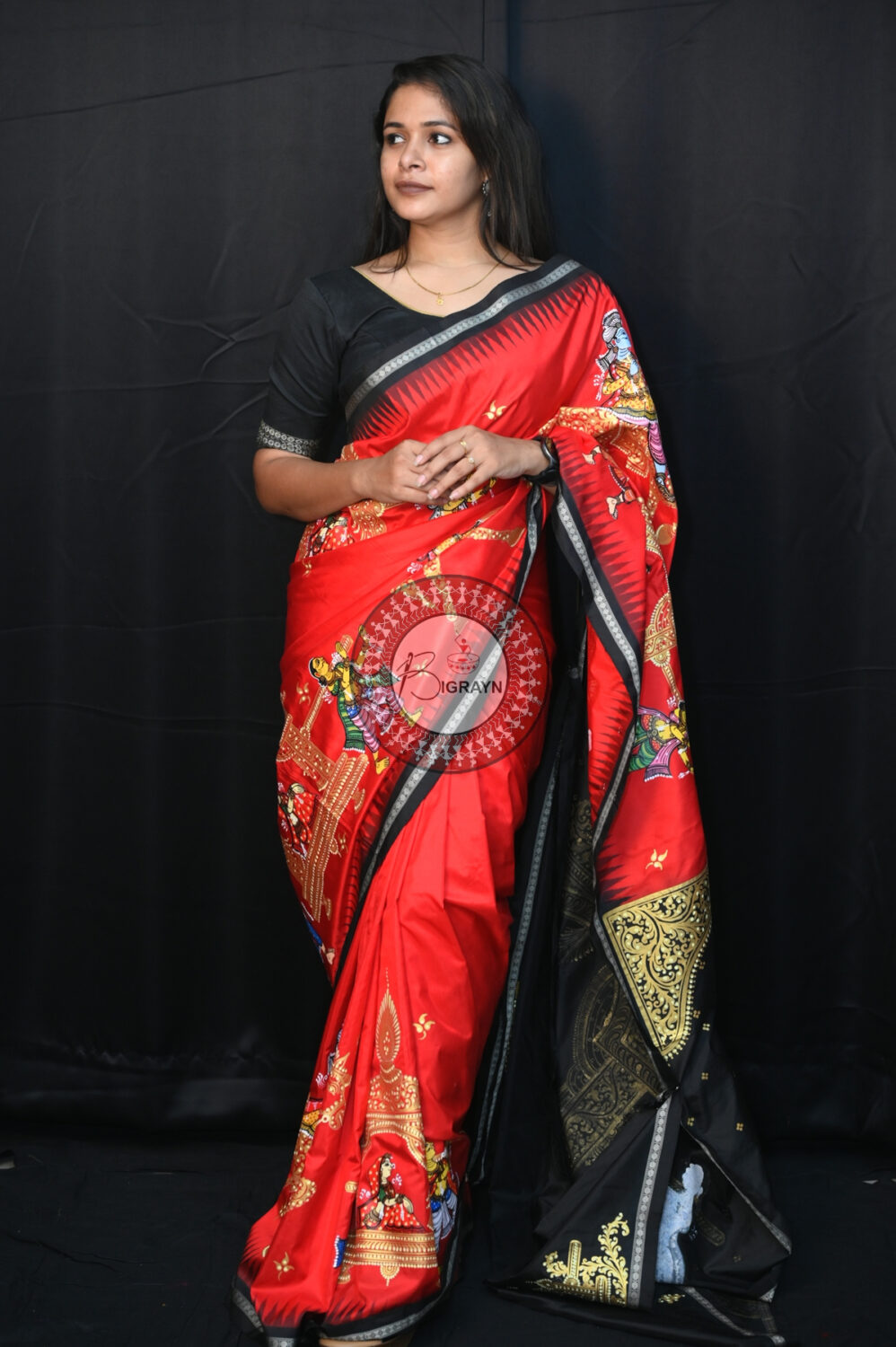 Red Black Marriage Theme Pattachitra Silk Saree