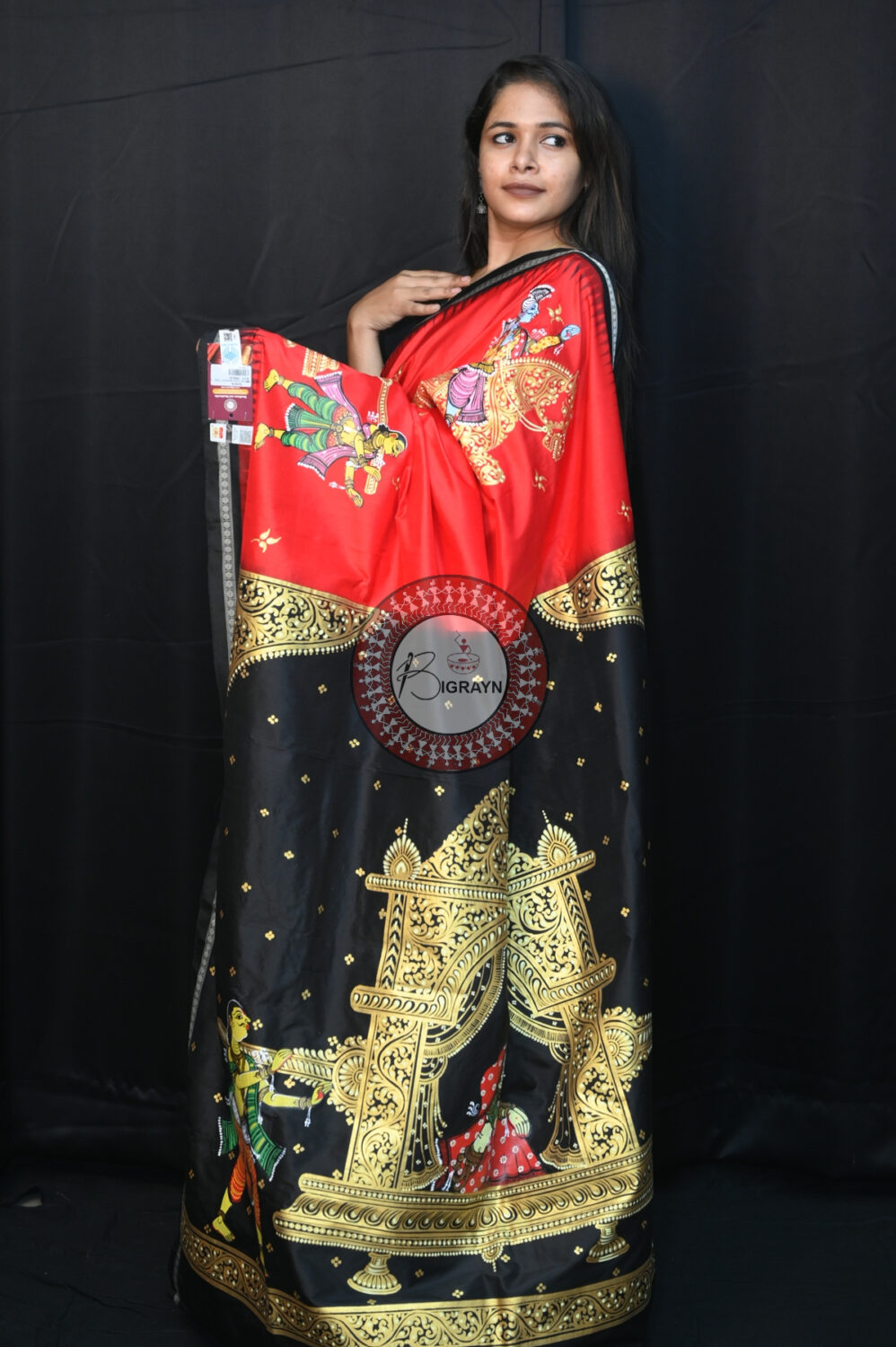 Red Black Marriage Theme Pattachitra Silk Saree