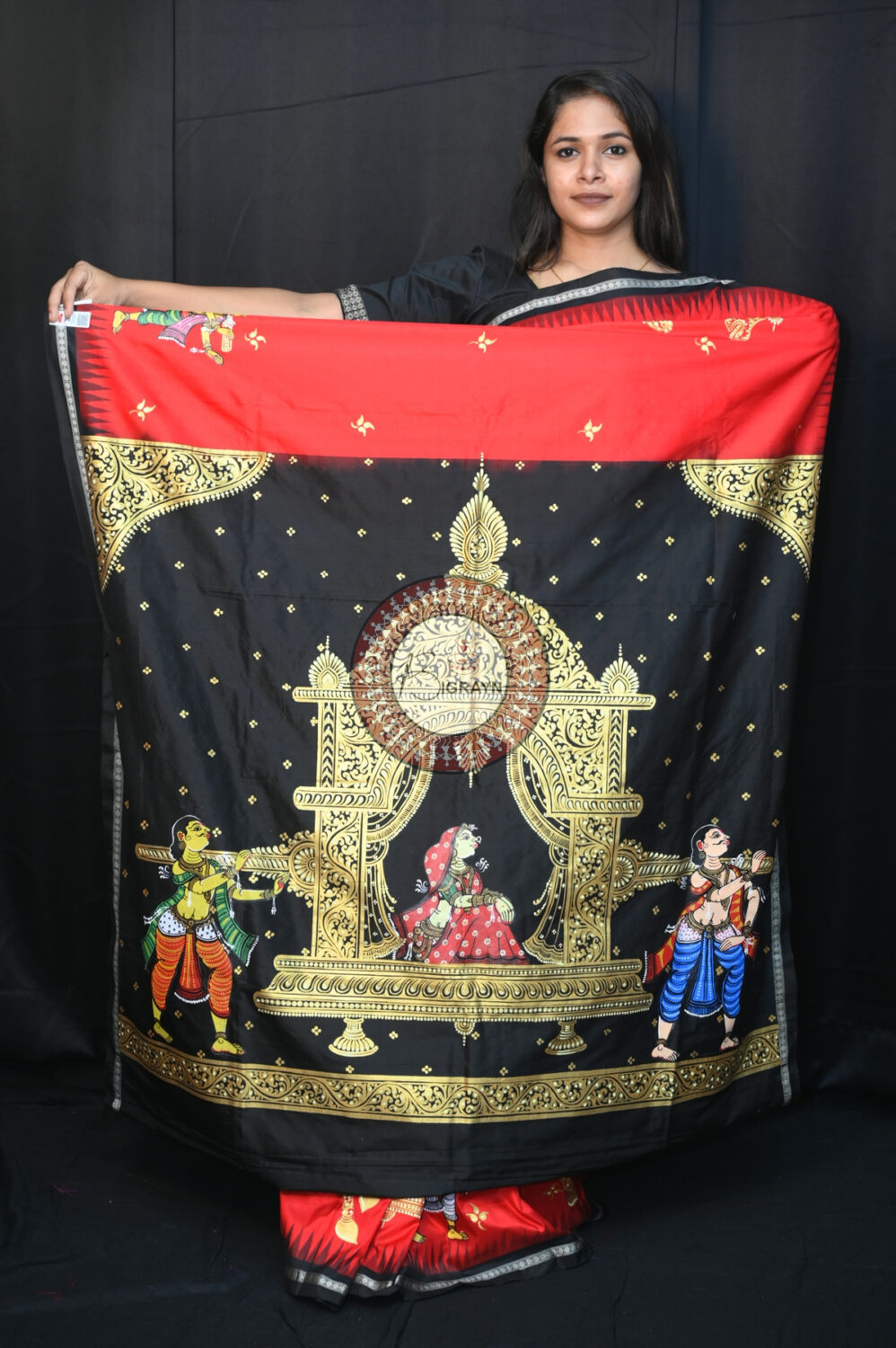Red Black Marriage Theme Pattachitra Silk Saree