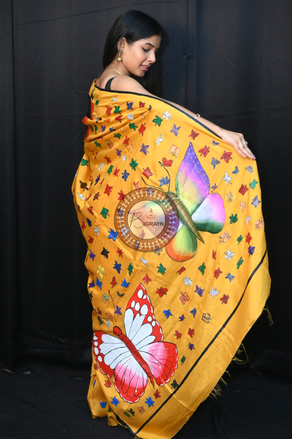 Yellow Butterflies Pattachitra Silk Saree