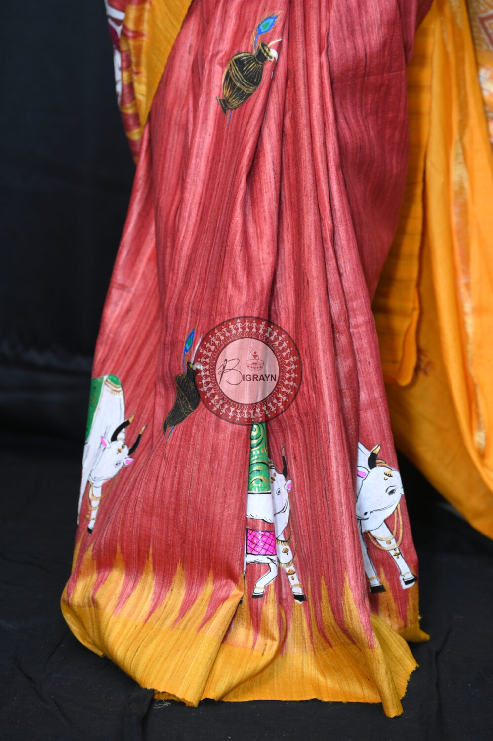 Maroon Yellow Kamadhenu Pattachitra Tussar Silk Saree