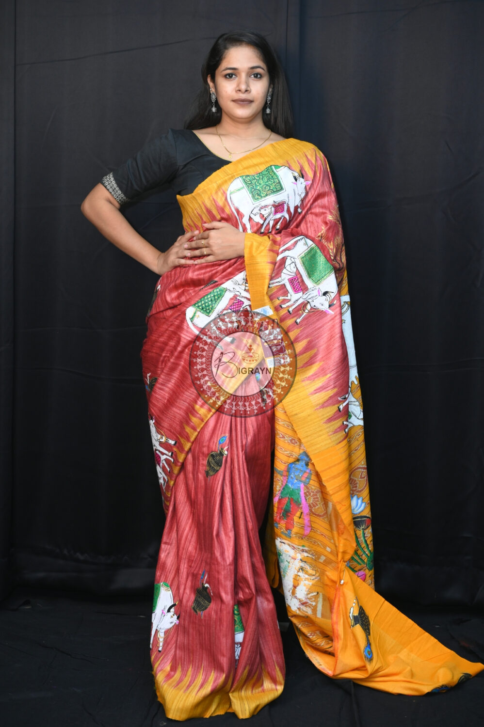Maroon Yellow Kamadhenu Pattachitra Tussar Silk Saree