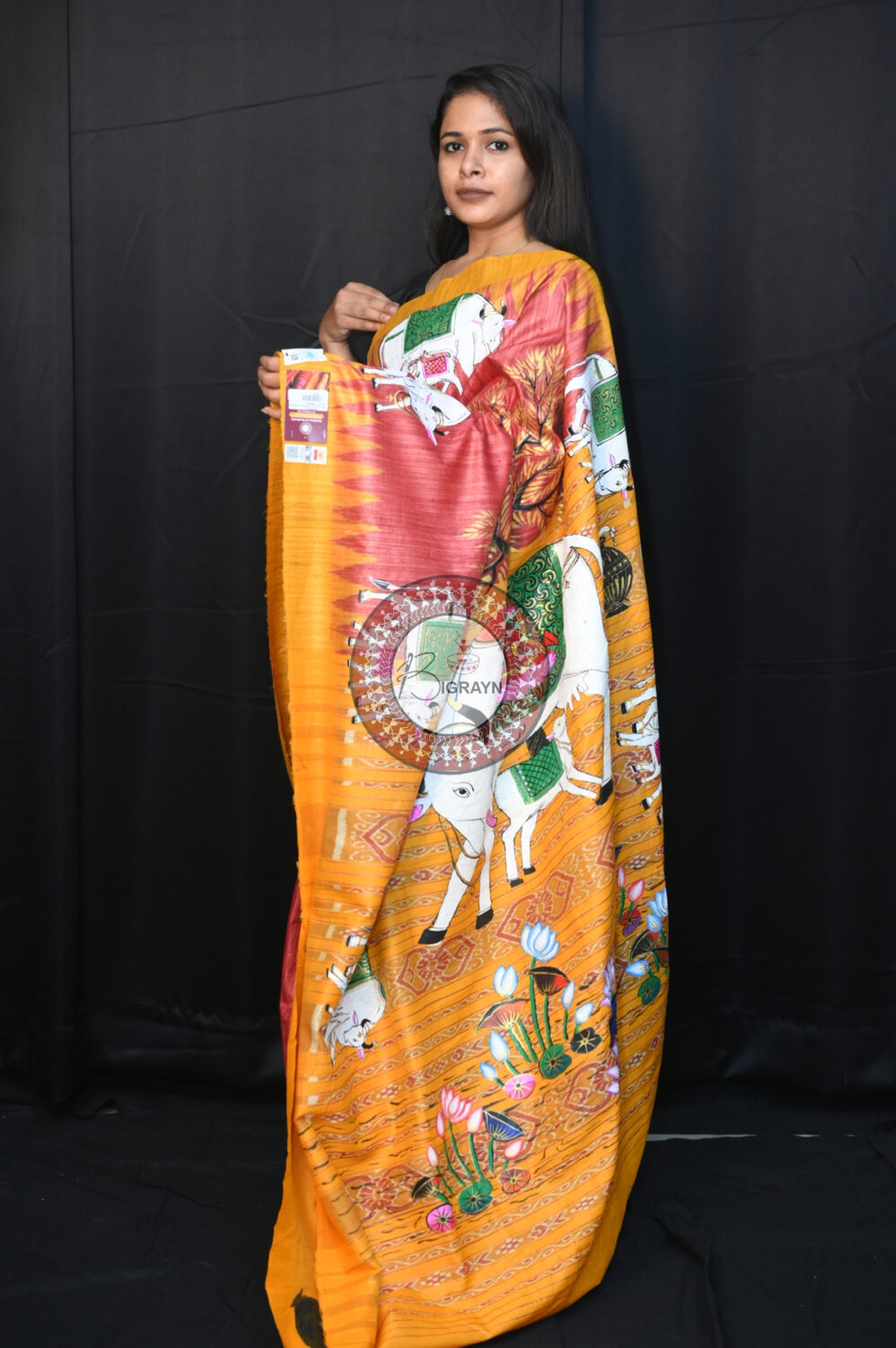Maroon Yellow Kamadhenu Pattachitra Tussar Silk Saree