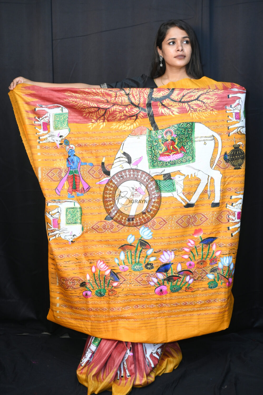 Maroon Yellow Kamadhenu Pattachitra Tussar Silk Saree