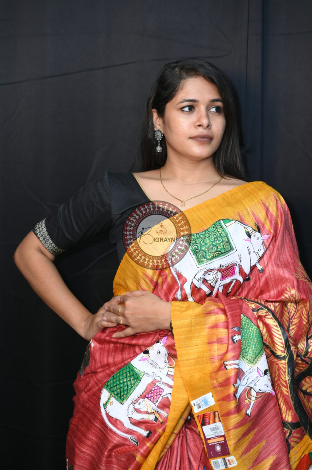 Maroon Yellow Kamadhenu Pattachitra Tussar Silk Saree