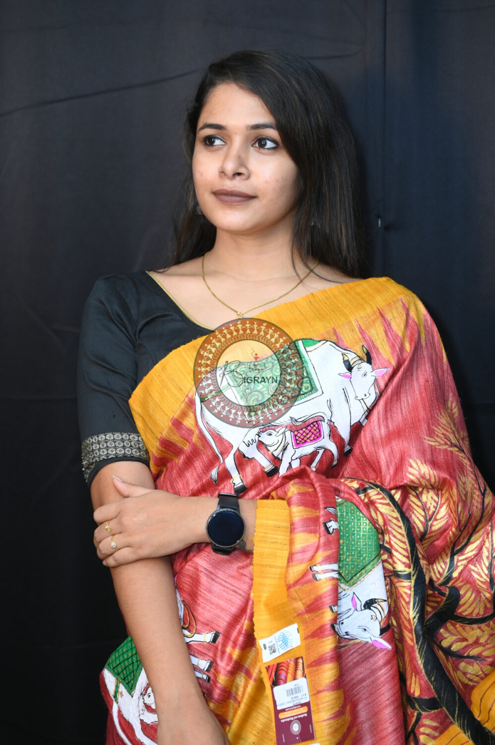 Maroon Yellow Kamadhenu Pattachitra Tussar Silk Saree