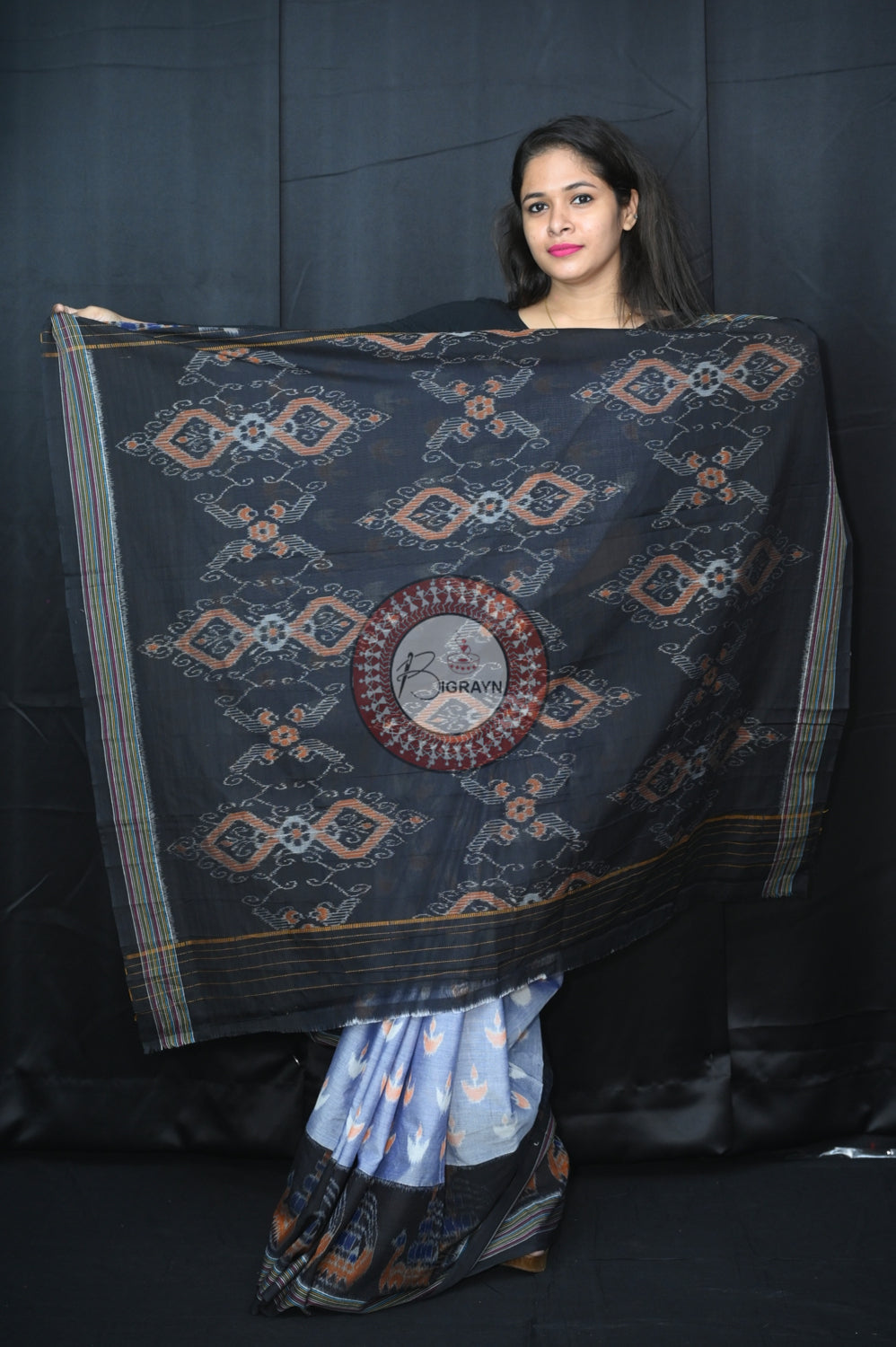 Grey Black Boita Khandua Cotton Saree