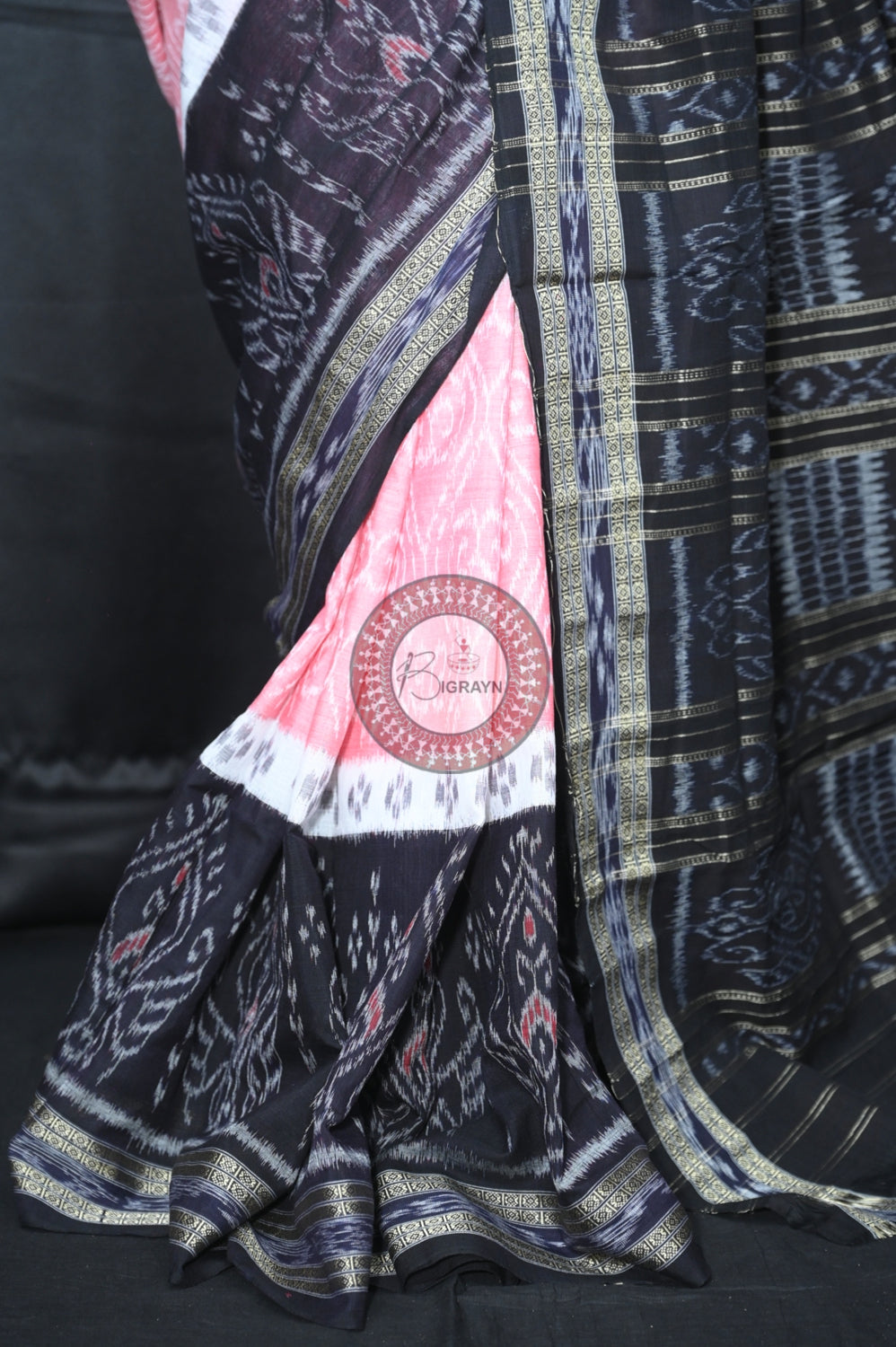 Pink Black 5D Khandua Cotton Saree