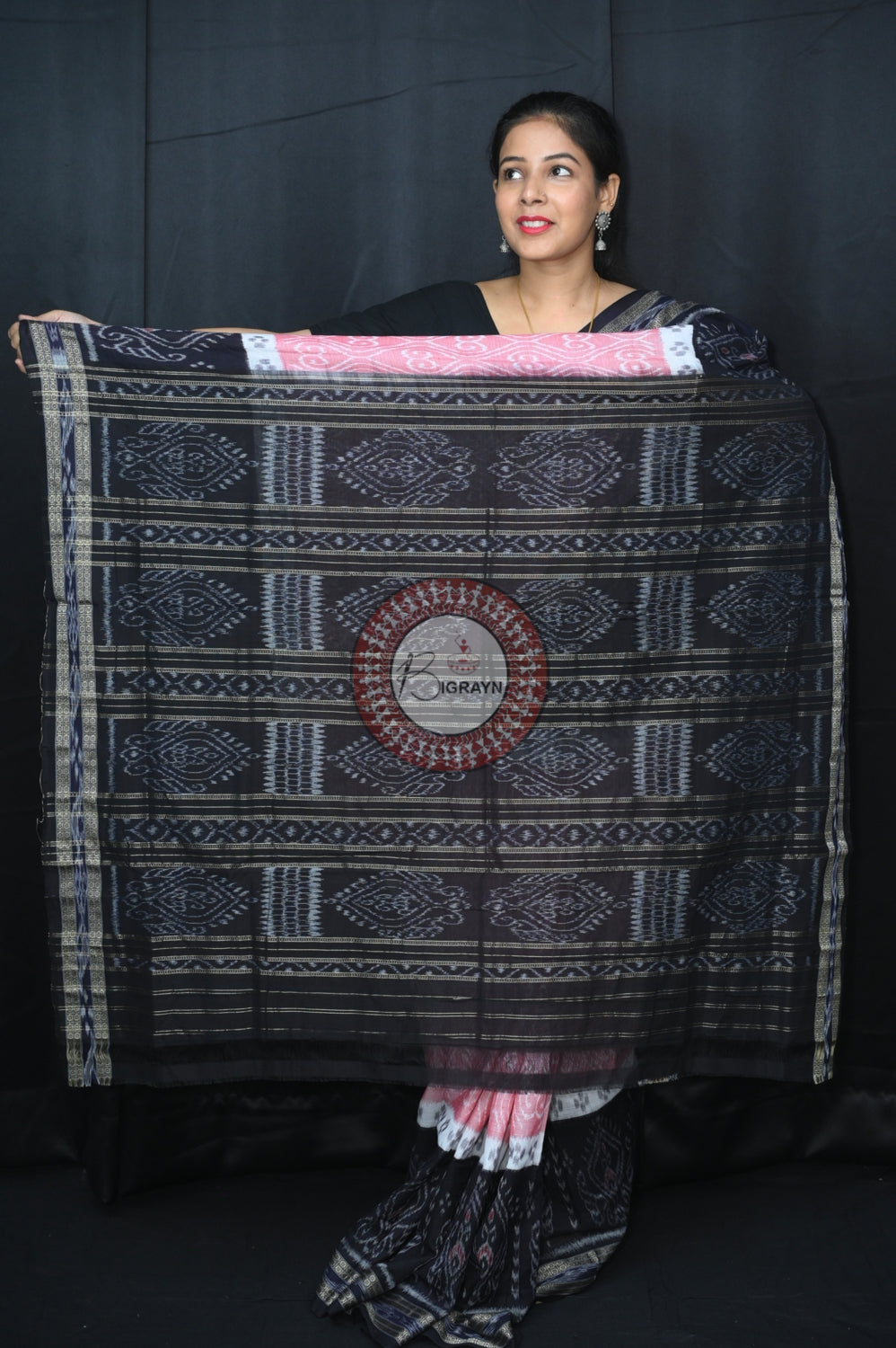 Pink Black 5D Khandua Cotton Saree